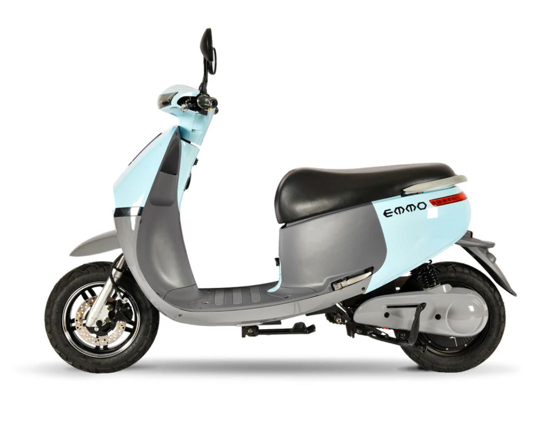 Light blue and gray scooter with 'EMMO' branding on a white background