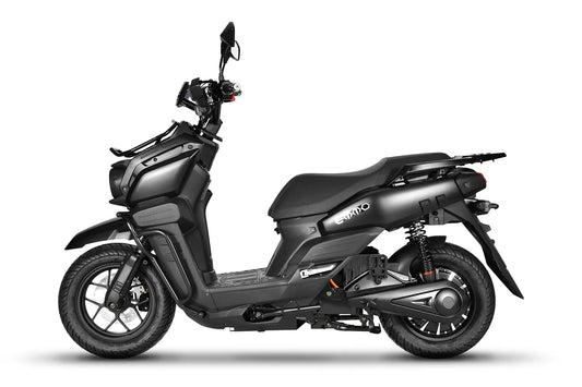 Emmo NOK black electric scooter style ebike. Top Speed: 32 Km/h* Range up to 120 km.