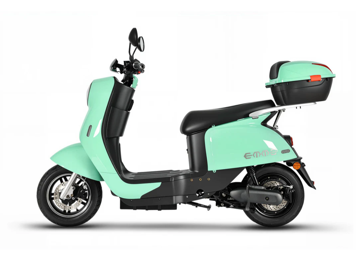 Mint green electric scooter with black seat and storage box on a white background