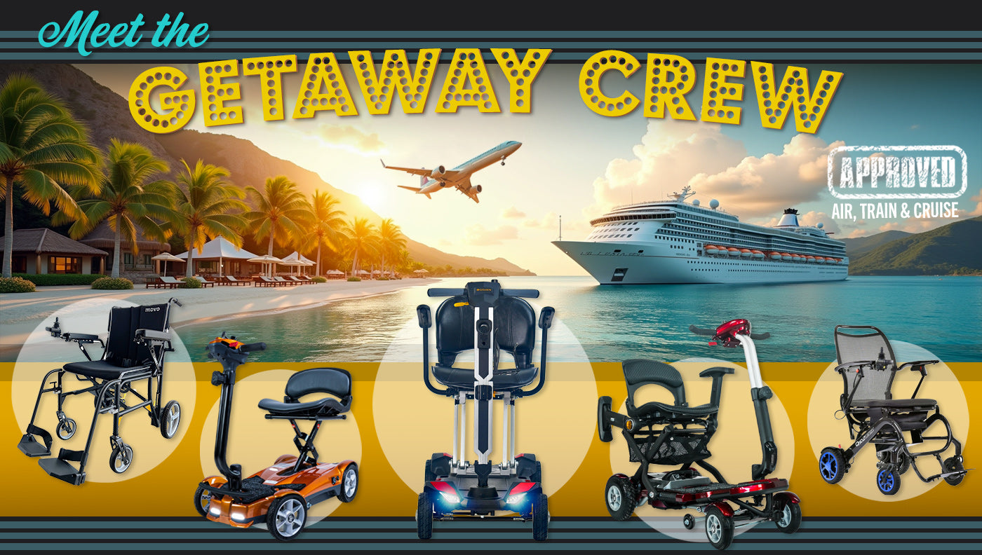 The Getaway Crew. A colletion of travel ready mobbility scooters and power chairs. Approved for Airline, Cruise and Rail travel